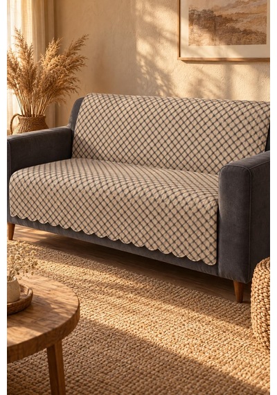 Çok Amaçlı Kadife Koltuk Örtüsü Kaymaz Süngerli 165x215 Cm Modern Bohem Çekyat Şalı Piknik Masa Örtüsü Alk4 Bej
