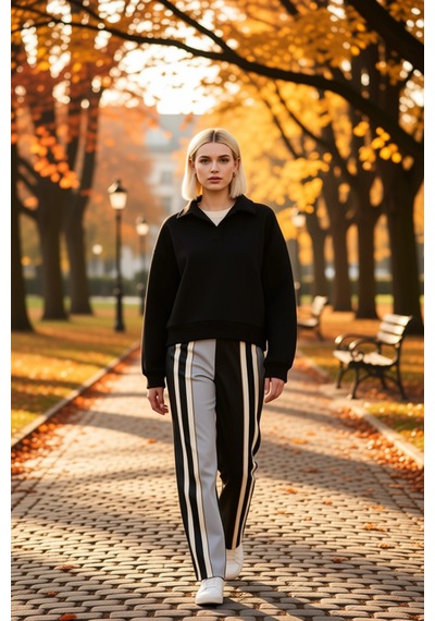Benerly Kadın Polo Yaka Düşük Kol Regular Kalıp Örme Sweatshirt Fonksiyon siyah