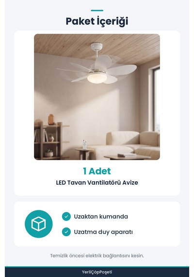 Zaman Ayarlı Led Avizeli Tavan Vantilatörü 52 Cm - Uzatma Duy Aparatlı