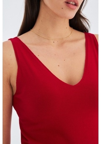 Peraluna Ruby Top V Yaka Ince Askılı Yazlık Kadın Triko Atlet Kır Kırmızı