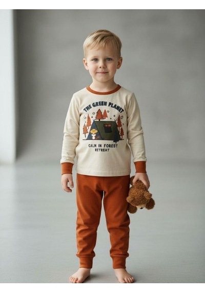 Zekids Erkek Çocuk The Green Planet Yazılı Uzun Kollu Pijama Takımı-16841 Bej