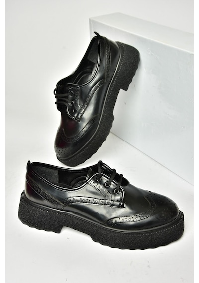 Fox Shoes T996199008 Siyah Rugan Kalın Tabanlı Kadın Ayakkabı Siyah-rugan Siyah
