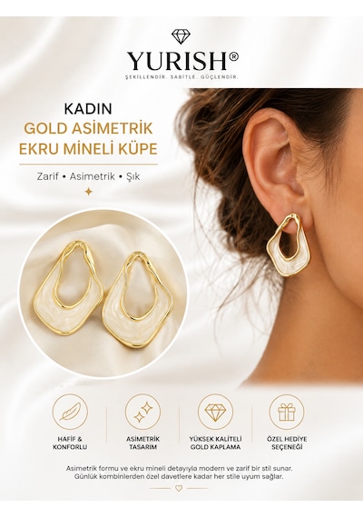 Kadın Gold Asimetrik Ekru Mineli Küpe