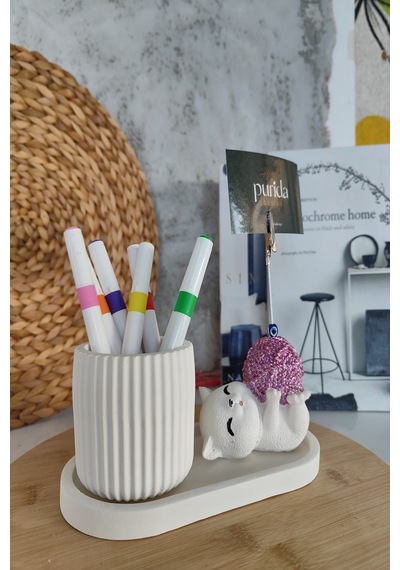 Purida Design Dekoratif Sevimli Kedi Kalemlik Ve Notluk Seti Mor
