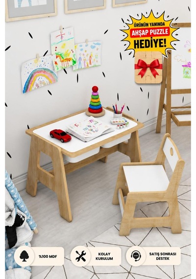 Lesson Montessori Ahşap Aktivite Masa Sandalye Takımı Beyaz - 749284546