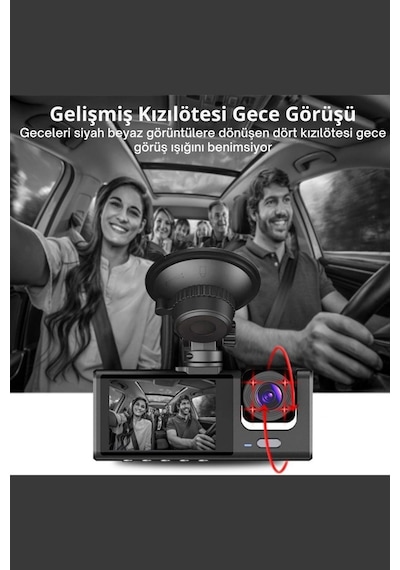 Siyah 1080p Araç İçi 3 Kameralı Lcd Ekranlı Gece Görüşlü , G-sensör , Geri Görüş Kamera