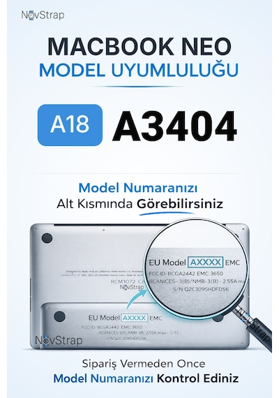 Novstrap Apple Uyumlu Macbook Neo 13 İnç A18 Çip A3404 İle Türkçe Q Klavye Koruyucu Siyah Kılıf Siyah