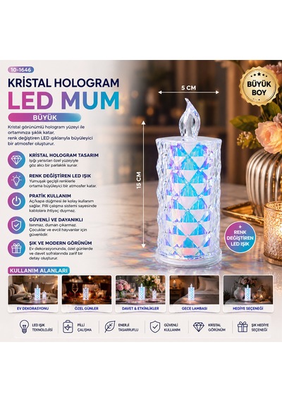 12 Adet Led Candle Kamp Büyük Boy Çap:5cm - Y: 16cm Pilli Led Mum Mika Kristal Plastik Yakut-13637 5250 Diğer