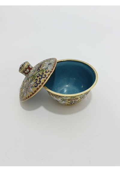 Antika Cloisonne Kapaklı Şekerlik 7x8cm Sarı