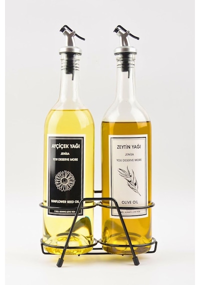 Şeffaf 750 Ml Siyah Beyaz Etiketli Siyah Standlı Akıtıcılı Yağlık Yağdanlık Diğer