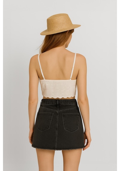Blue White Yüksek Bel Püsküllü Mini Jean Etek Buz Mavisi