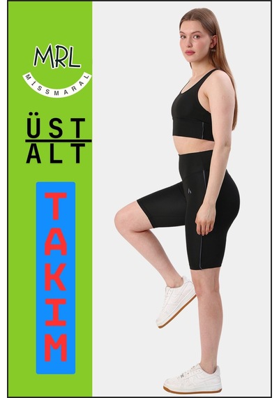 Missmaral Kadın Siyah Takım Alt-üst Kısa Şort-tayt Ve Pedli Sporcu Büstiyer 2li Set Antrasit Biyeli Elt3043 Siyah Antrasit