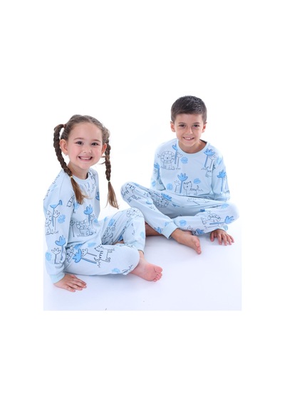 Bunny Hopp 3-8 Yaş Pamuk Kız Ve Erkek Çocuk Için Unisex Uzun Kollu Pijama Takımı Mavi
