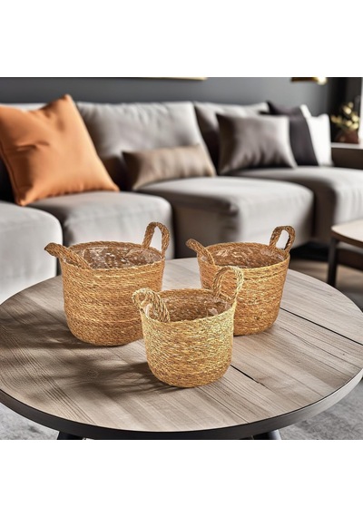 3'lü El Yapımı Doğal Hasır Kulplu Yuvarlak Saksı Seti, Hasır El Yapımı Suya Karşı Koruma Poşetli Yuvarlak Örgü Saksı 3'lü Set, Rattan Saksı Seti, 24cm 22cm-22cm 20cm-20cm 18cm 001