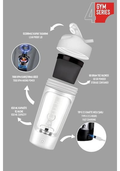 Stevig 4 Gym Şarj Edilebilir Elektrikli Protein Shaker 650 Ml White St-226 Beyaz
