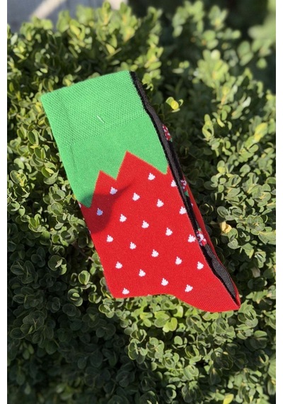 Lousocks Unisex Sağlı Sollu Çilek Desenli Soket Çorap Kırmızı