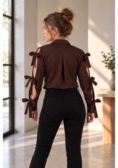 Armonika Kadın Koyu Kahve Kolları Yırtmaçlı Bağcık Detaylı Gömlek Arm-26y001058