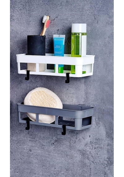 Mainshop 2 Li Yapışkanlı Mutfak Ve Banyo Rafı, Şampuan, Sabun, Duş Jeli Düzenleyici Beyaz Renk