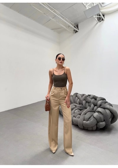 Defymoda Trio Arka Bel Lasti K Detayli Palazzo Pantolon Vizon
