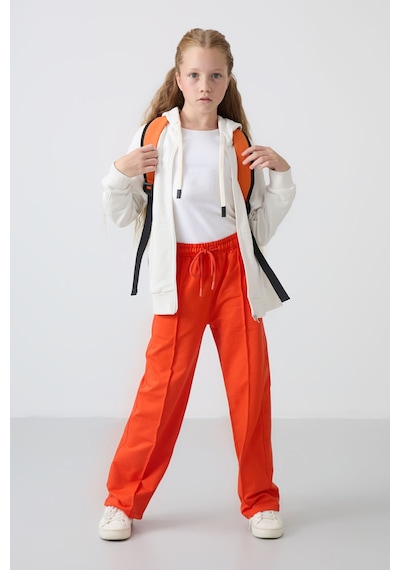 Tommy Life Portakal Cepli Ön Dikiş Detaylı Geniş Paça Kız Çocuk Eşofman Altı -75144 Turuncu