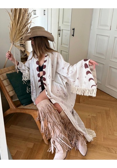 Dıe&more Trend Minimal Desenli Oversize Kimono Bej
