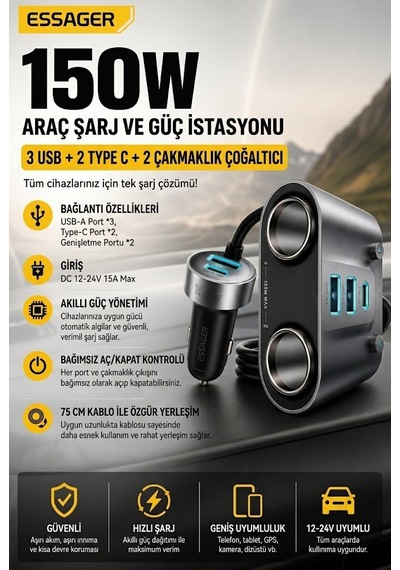 Essager 150w Araç Çakmaklık Çoklayıcı 2 Çakmaklık + 3 Usb-a + 2 Type-c 30w Hızlı Şarj 12v-24v Uyumlu