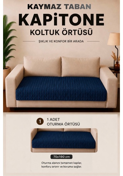 70x190 Kare Desenli Kaymaz Taban Kapitone Koltuk Örtüsü Çekyat Kanepe Örtüsü Lacivert Lacivert