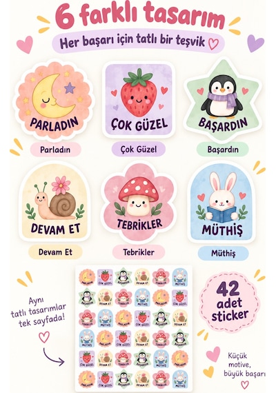 Sevimli Öğrenci Motivasyon Sticker Seti 42 Adet 1 Sayfa Tebrikler, Başardın, Devam Et Ve Ödül Etiketleri Çok Renkli