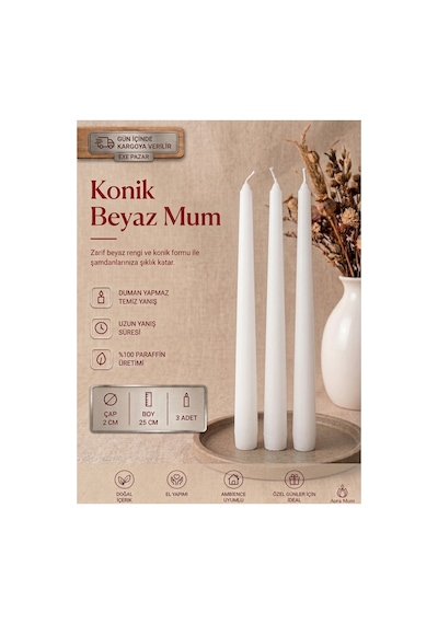 Exepazar Beyaz Kokusuz Dumansız Uzun Süre Yanış 100% Parafin Dekoratif Mum 3'lü Set Beyaz