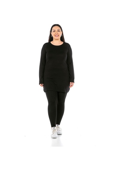 Disentis Büyük Beden Yuvarlak Yaka Uzun Kollu Viskon Uzun Siyah Body