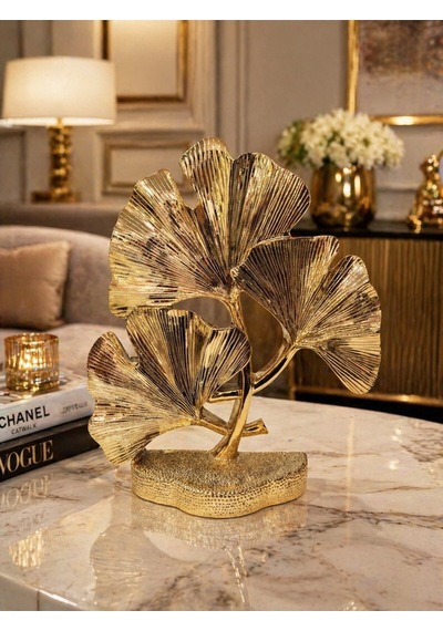 Duygu Ve Yaşam Tarzı Odaklı Gold Ginkgo Yaprağı Lüks Dekoratif Metal Biblo Heykel Obje 29 Cm X 23 Cm Sarı