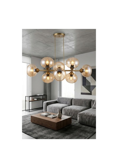 Emere 8'li Bal Rengi Camlı Eskite Gövdeli Modern Sarkıt Avize Oturma Odası Salon Eskitme Eskitme