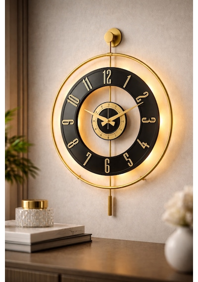 Pey Aksesuar Metal Camlı Duvar Saati 50 X 70 Cm Orta Boy Işıklı Gerçek Cam Duvar Saati Modern Tasarım M51-gold-şeffaf-siyah-gold