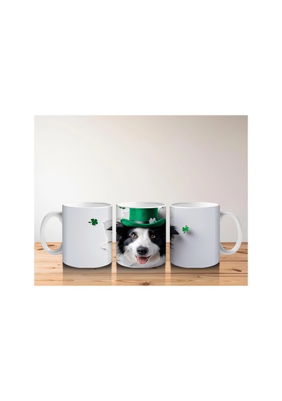 Yoncalarla Süslenmiş St. Patrick S Temalı Border Collie - Baskılı Kahve Kupası Çok Renkli
