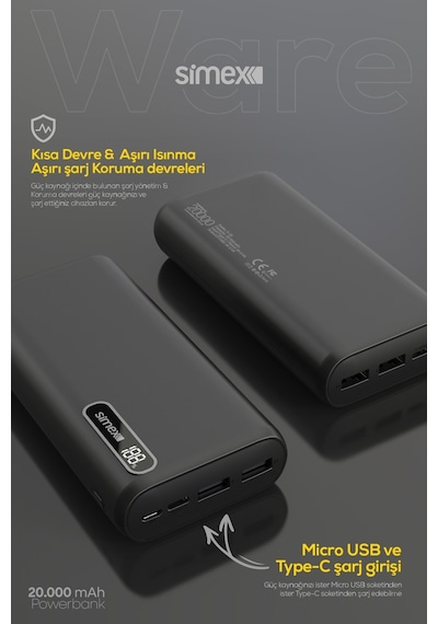 Simex Ware 20.000 mAh Dijital Ekranlı Powerbank - Dual Şarj, Type-C & Micro USB, Hızlı Şarj Destekli