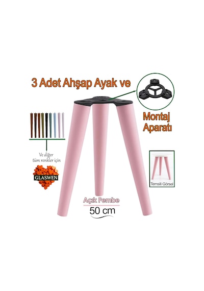3 Adet Ahşap Ayak 50 Cm Açık Pembe M8 Civatalı Bağlantı Aparatlı Mobilya Tabure Sehpa Masa Destek Ayağı Pembe