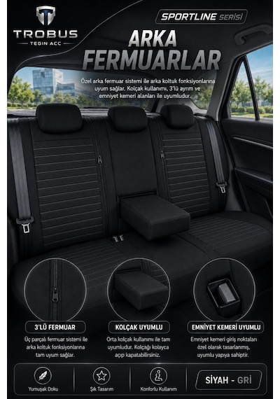 Fiat Doblo 2010-2024 Uyumlu Sportline Serisi Siyah Gri Oto Koltuk Kılıfı