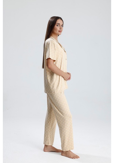 Kompedan Kadın Puantiye Desen Önden Düğmeli Pijama Takım Bej P. Bej