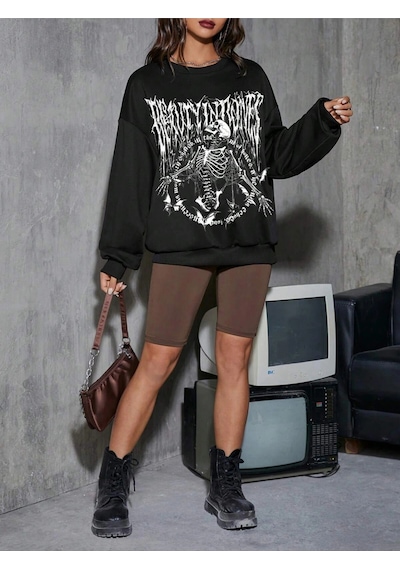 Adrift Coolane Skeleton & Letter Graphic Drop Shoulder Sweatshirt Siyah Siyah