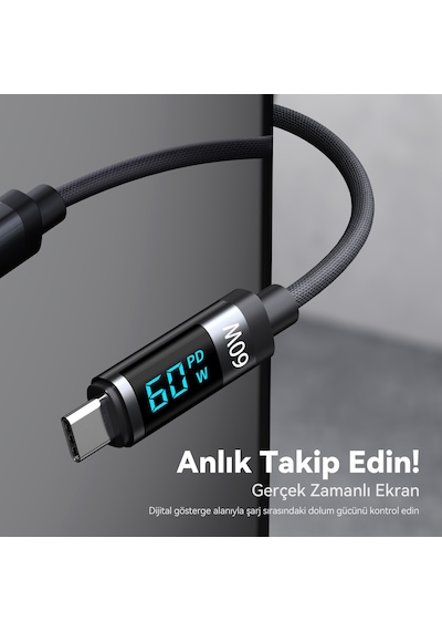 Bix BX06CC Type-C to Type-C 60 W Dijital Ekranlı Şarj Data Kablosu