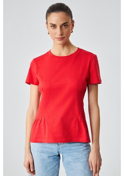 Grimelange JESSIA  Kadın Korse Detaylı %100 Organik Pamuk Bisiklet Yaka Kırmızı T-Shirt