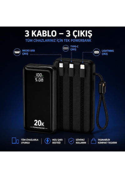 Hp-ap09 Armor Series 20.000 Mah Dahili Kablolu Qualcomm Quick Charge 3.0 Dijital Ekranlı Hızlı Şarj Powerbank - Siyah