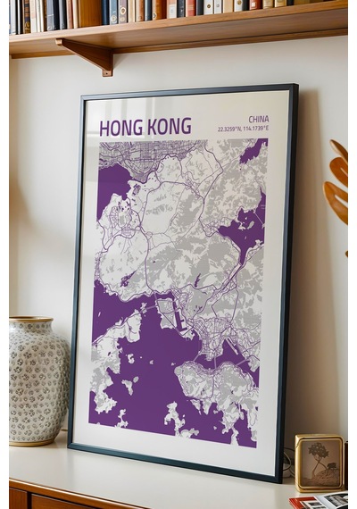 Hong Kong China Haritası Çerçeveli Tablo Lüks Salon Ofis Duvar Dekorasyonu Hediyelik Tablo