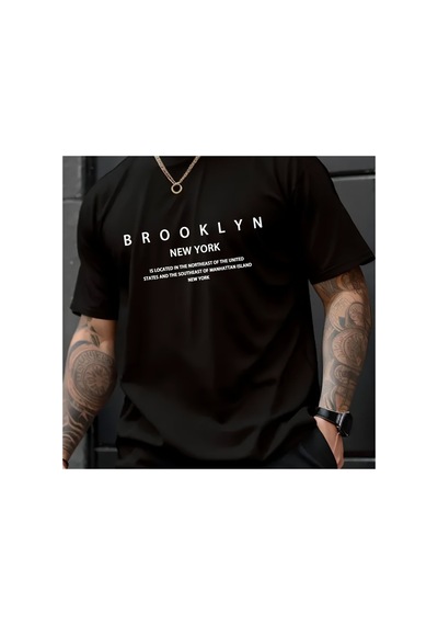 Caddemia Yaz  Rahat Gevşek Artı Boyutu Brooklyn Baskı Rahat Spor Yuvarlak Boyun Siyah 2XL