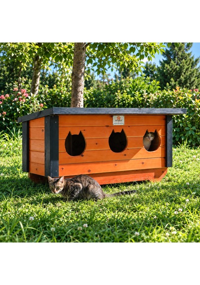 3 Yuvalı Ahşap Dış Mekan Kedi Evi