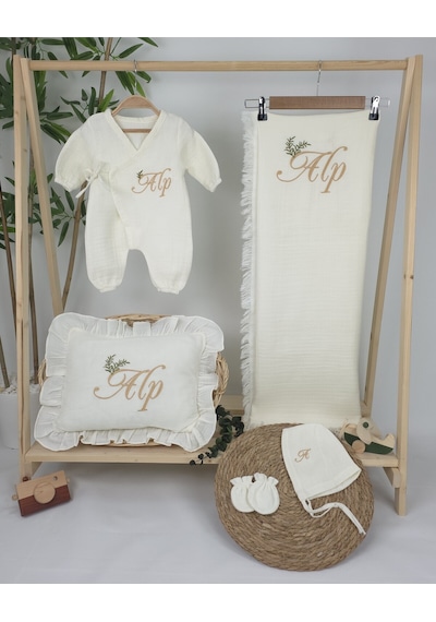 Gros Shop Müslin Yeni Doğan 4katlı Organik %100pamuk Kişiye Özgü Nakışlı Hastane Çıkış Seti İki Dallı Model-4 Ekru-1