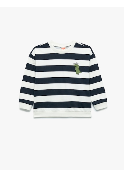 Koton Uzun Kollu Bisiklet Yaka Şardonlu Pamuklu Çizgili Sweatshirt Lacivert Çizgili 7wmb10019tk