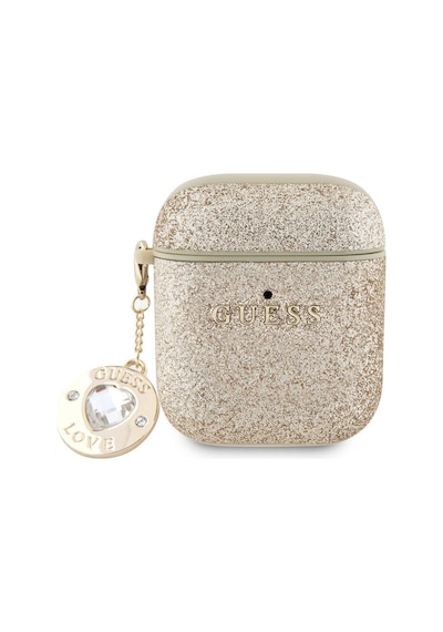 Apple Uyumlu AirPods Kılıf Guess Lisanslı Glitter Elmas Kalp Süs Zincirli Gold