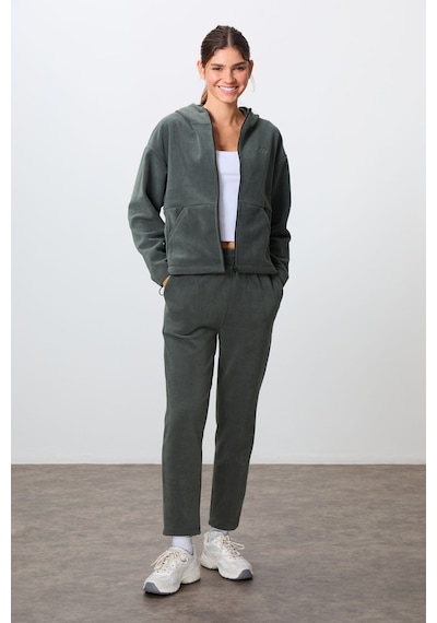 Tommy Life Haki Kalın Yumuşak Dokulu Kapüşonlu Oversize Nakışlı Polar Kadın Eşofman Takım -95338 Haki