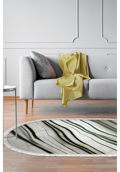 Alanur Home Kaymaz Dijital Mutfak & Salon Halı Star Pamuk Saçaklı Oval Mermer E5032 Beyaz